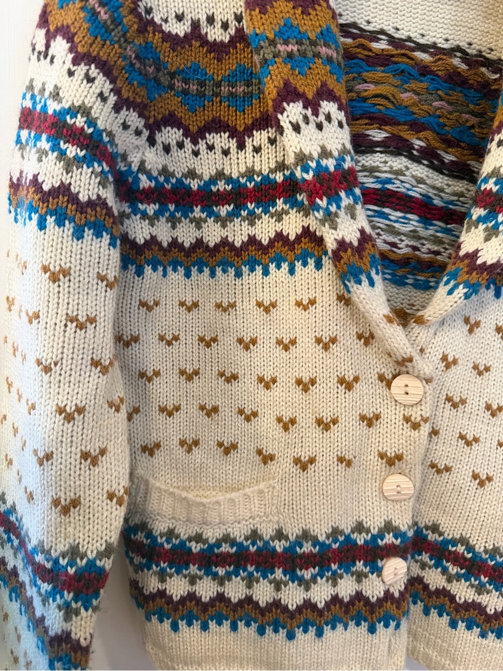 Cream Shawl Collar Fair Isle Cardigan Sweater - Picture 3 of 5